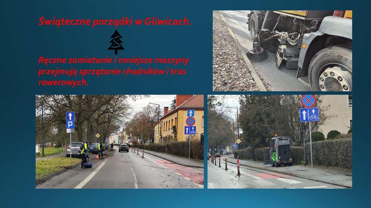 Przedświąteczne sprzątanie - ekipy pojawiają się w kolejnych dzielnicach. Mniejszy sprzęt dba o porządek na drogach dla rowerów. 